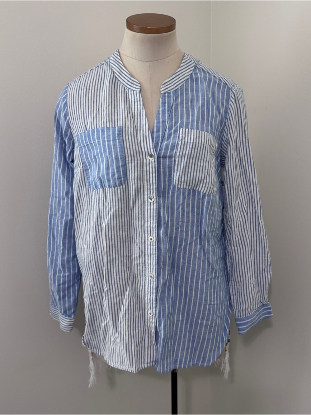 Nic + Zoe Small Long Sleeve Lightweight Button Down Tunic Top Striped Fringe - Picture 2 of 7